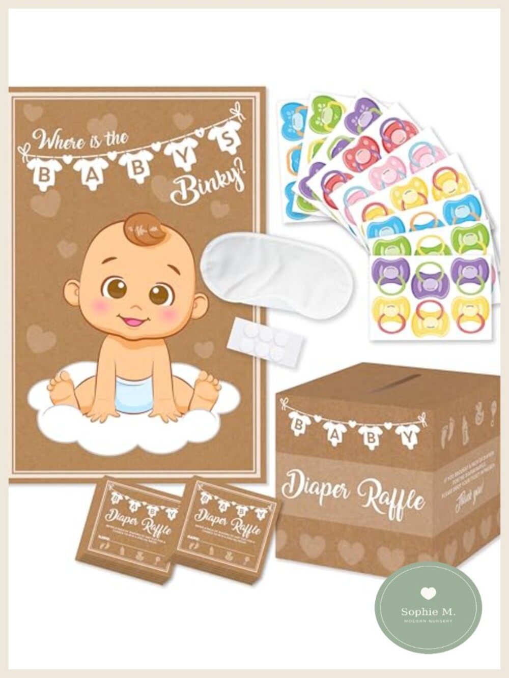 Baby Shower Party Games Set Pin the Pacifier Diaper Raffle Cardstock Kit